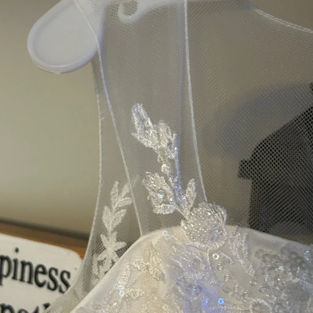 David's Bridal Ivory Sequin Bodice Satin A-Line Girls' Dress - Picture 5 of 8